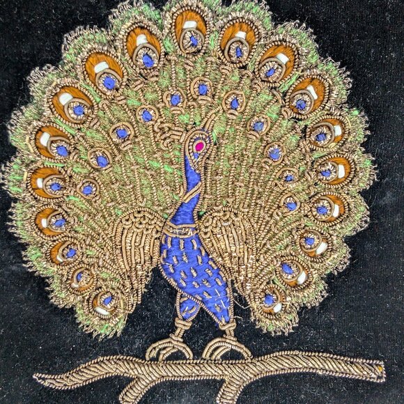 RARE Vintage Black Velvet Peacock Evening Clutch | Zardozi Hand Embroidery - Picture 7 of 7
